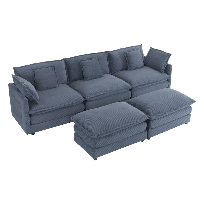 Modular Sofa Couch, Upholstered Corduroy L-Shape Sectional Sofa with Side Storage Pockets and Movable Ottoman