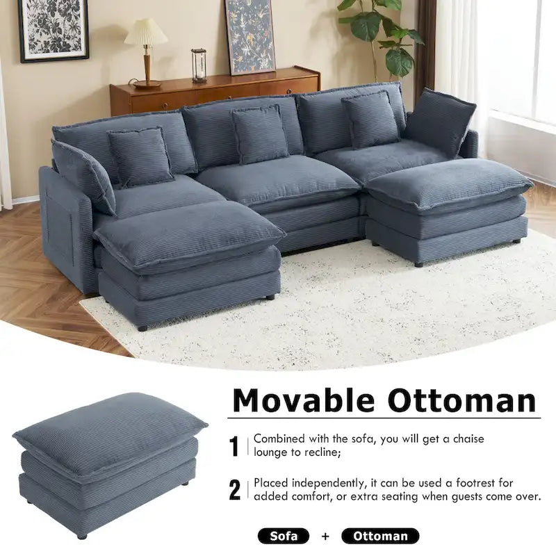 Modular Sofa Couch, Upholstered Corduroy L-Shape Sectional Sofa with Side Storage Pockets and Movable Ottoman