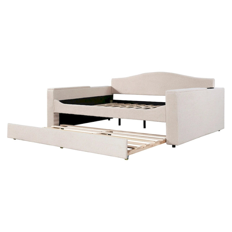 Full Size Upholstered Daybed with Storage Armrests, Trundle and Latest Integrated Bluetooth Audio System, Teddy Fleece, Pink