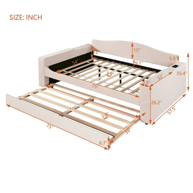 Full Size Upholstered Daybed with Storage Armrests, Trundle and Latest Integrated Bluetooth Audio System, Teddy Fleece, Pink