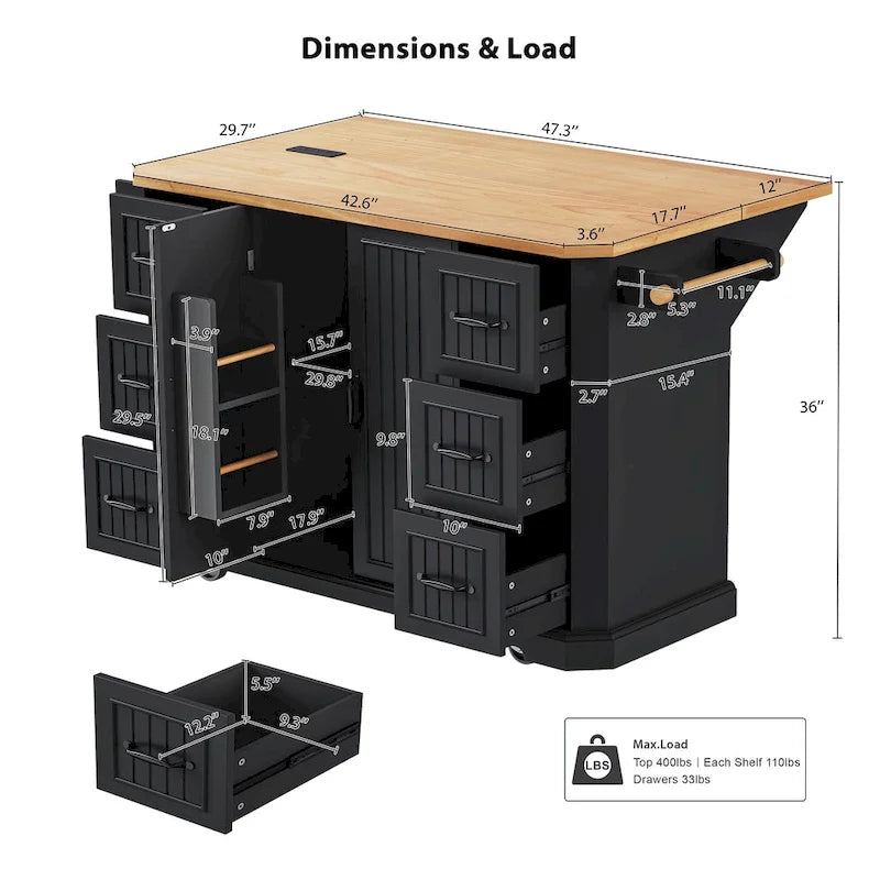 56 Kitchen Island With Drop Leaf, Rolling Kitchen Cart On Wheels, Rolling Kitchen Table with Drawers