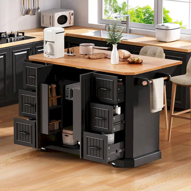 56 Kitchen Island With Drop Leaf, Rolling Kitchen Cart On Wheels, Rolling Kitchen Table with Drawers