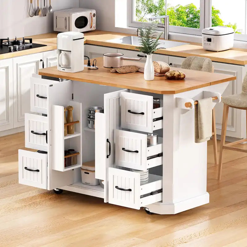56 Kitchen Island With Drop Leaf, Rolling Kitchen Cart On Wheels, Rolling Kitchen Table with Drawers