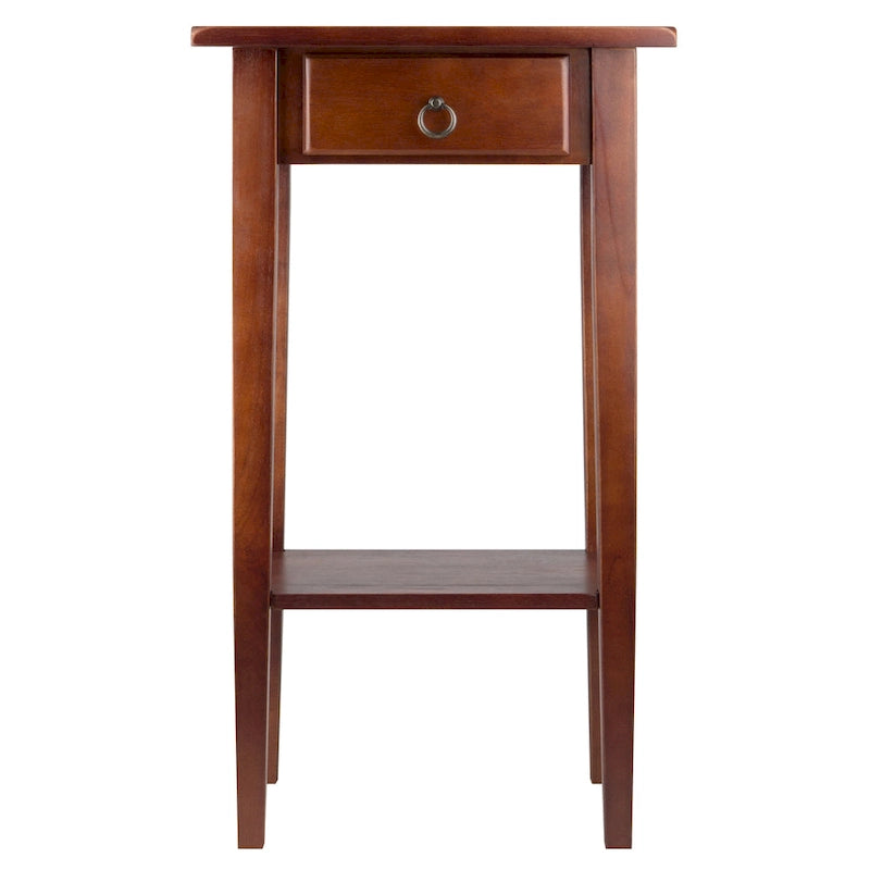29.5 Warm Antique Walnut Accent Table with Drawer and Shelf