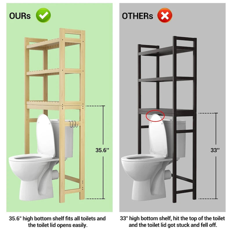 Over The Toilet Storage Shelf, Bamboo 3-Tier Above Toilet Storage Rack with 3 Hooks
