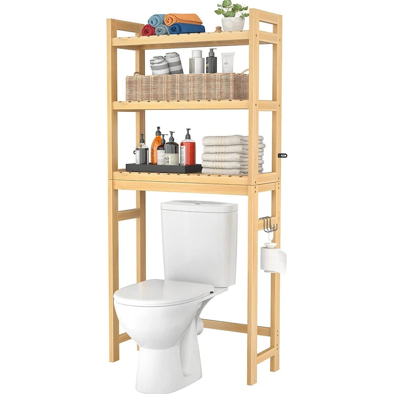 Over The Toilet Storage Shelf, Bamboo 3-Tier Above Toilet Storage Rack with 3 Hooks