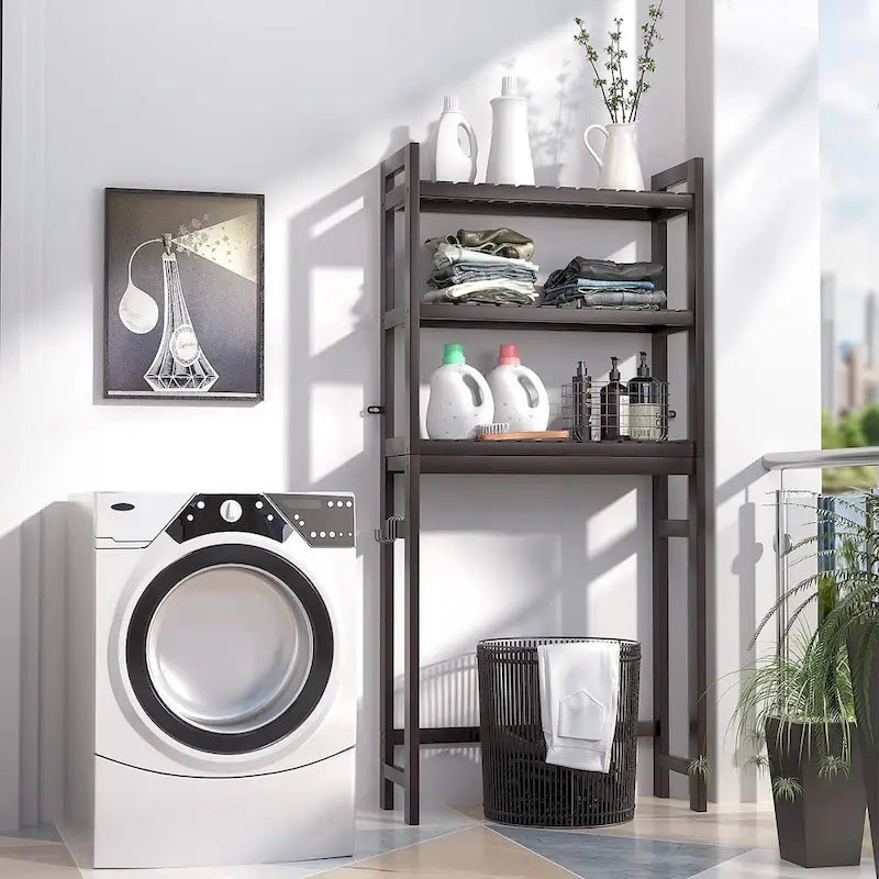 Over The Toilet Storage Shelf, Bamboo 3-Tier Above Toilet Storage Rack with 3 Hooks