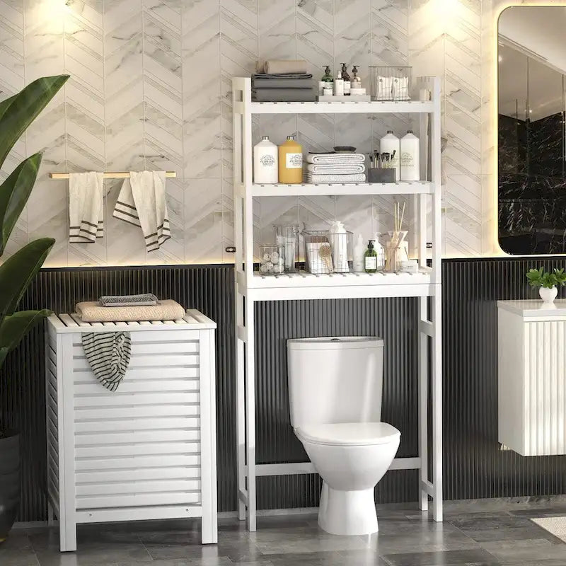 Over The Toilet Storage Shelf, Bamboo 3-Tier Above Toilet Storage Rack with 3 Hooks