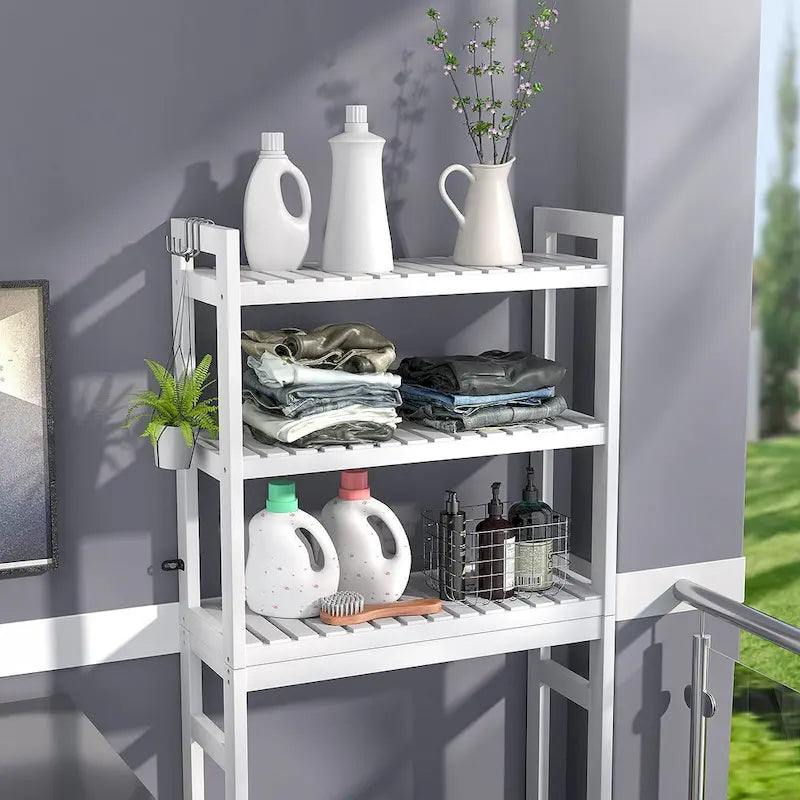 Over The Toilet Storage Shelf, Bamboo 3-Tier Above Toilet Storage Rack with 3 Hooks