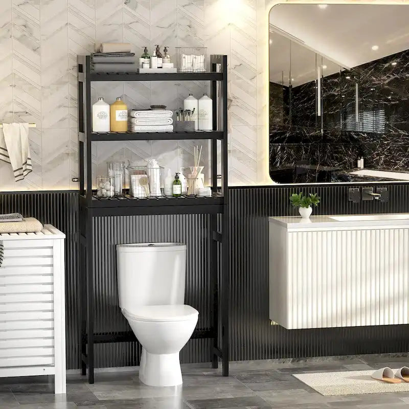 Over The Toilet Storage Shelf, Bamboo 3-Tier Above Toilet Storage Rack with 3 Hooks