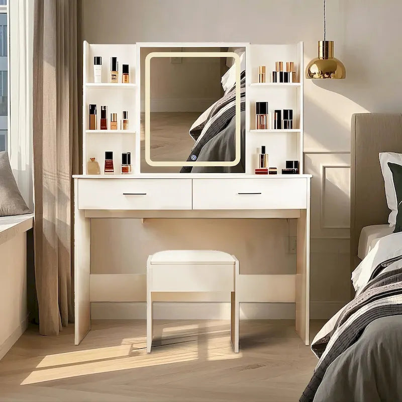 Vanity Desk with Mirror and Lights,with Drawer & Storage Cabinet,3 Lighting Modes Adjustable Brightness,with Open Shelves