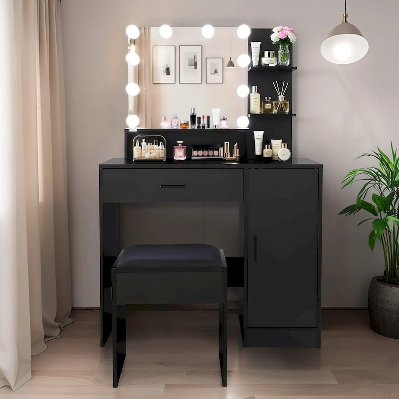 Vanity Desk with Mirror and Lights,with Drawer & Storage Cabinet,3 Lighting Modes Adjustable Brightness,with Open Shelves