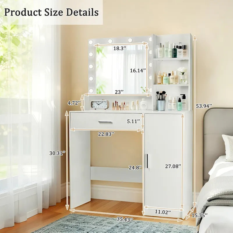 Vanity Desk with Mirror and Lights,with Drawer & Storage Cabinet,3 Lighting Modes Adjustable Brightness,with Open Shelves