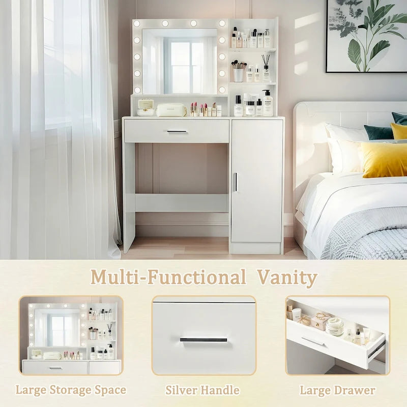 Vanity Desk with Mirror and Lights,with Drawer & Storage Cabinet,3 Lighting Modes Adjustable Brightness,with Open Shelves