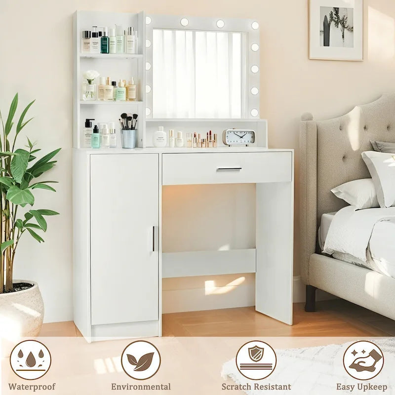 Vanity Desk with Mirror and Lights,with Drawer & Storage Cabinet,3 Lighting Modes Adjustable Brightness,with Open Shelves