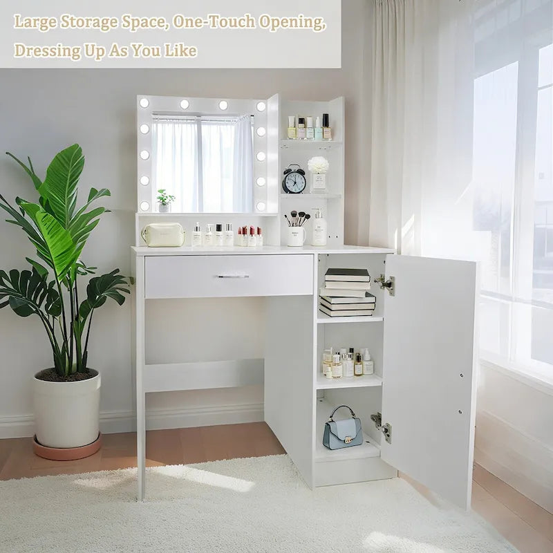 Vanity Desk with Mirror and Lights,with Drawer & Storage Cabinet,3 Lighting Modes Adjustable Brightness,with Open Shelves
