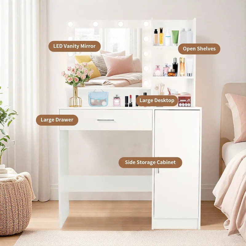 Vanity Desk with Mirror and Lights,with Drawer & Storage Cabinet,3 Lighting Modes Adjustable Brightness,with Open Shelves