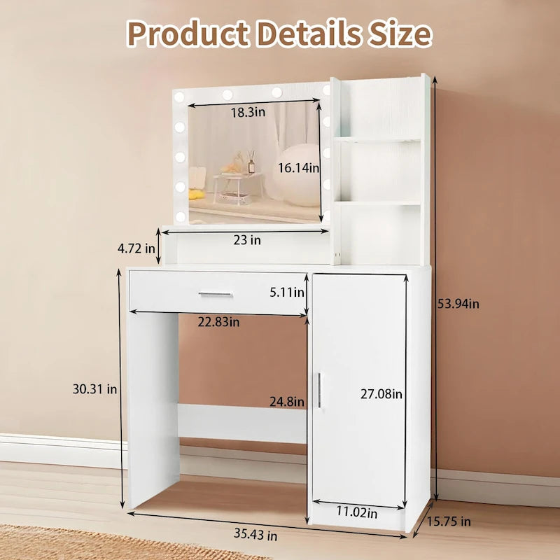 Vanity Desk with Mirror and Lights,with Drawer & Storage Cabinet,3 Lighting Modes Adjustable Brightness,with Open Shelves