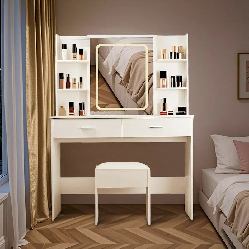 Vanity Desk with Mirror and Lights,with Drawer & Storage Cabinet,3 Lighting Modes Adjustable Brightness,with Open Shelves