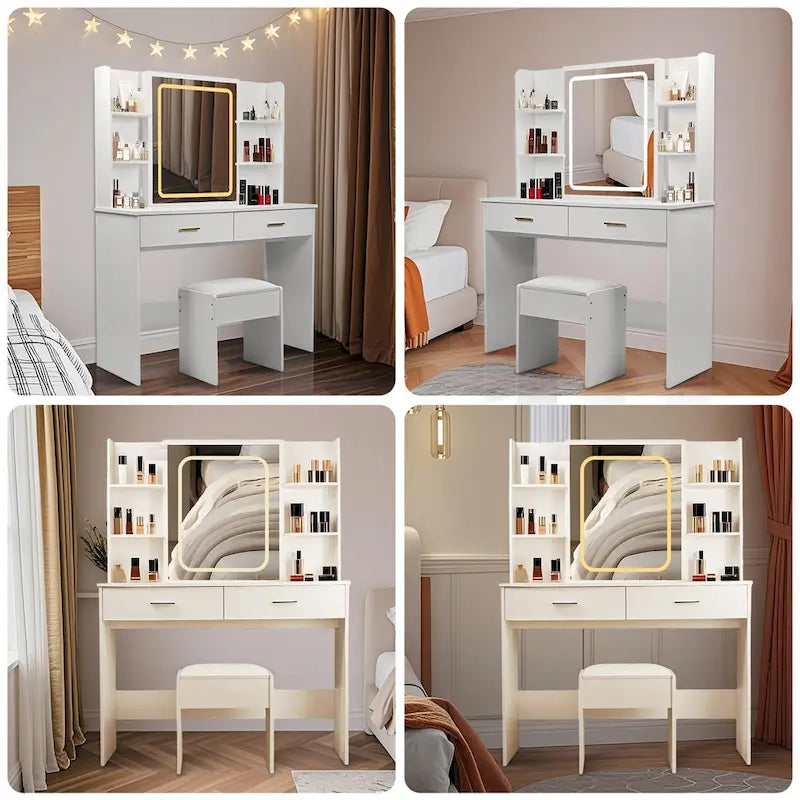 Vanity Desk with Mirror and Lights,with Drawer & Storage Cabinet,3 Lighting Modes Adjustable Brightness,with Open Shelves