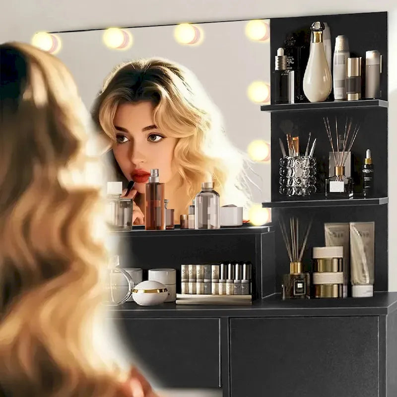 Vanity Desk with Mirror and Lights,with Drawer & Storage Cabinet,3 Lighting Modes Adjustable Brightness,with Open Shelves