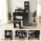 Vanity Desk with Mirror and Lights,with Drawer & Storage Cabinet,3 Lighting Modes Adjustable Brightness,with Open Shelves