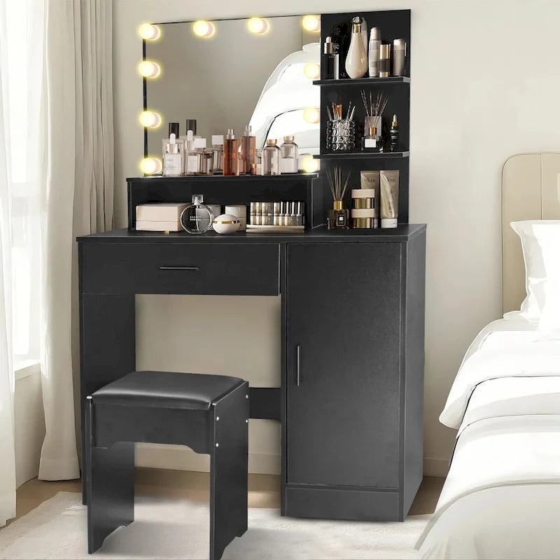 Vanity Desk with Mirror and Lights,with Drawer & Storage Cabinet,3 Lighting Modes Adjustable Brightness,with Open Shelves