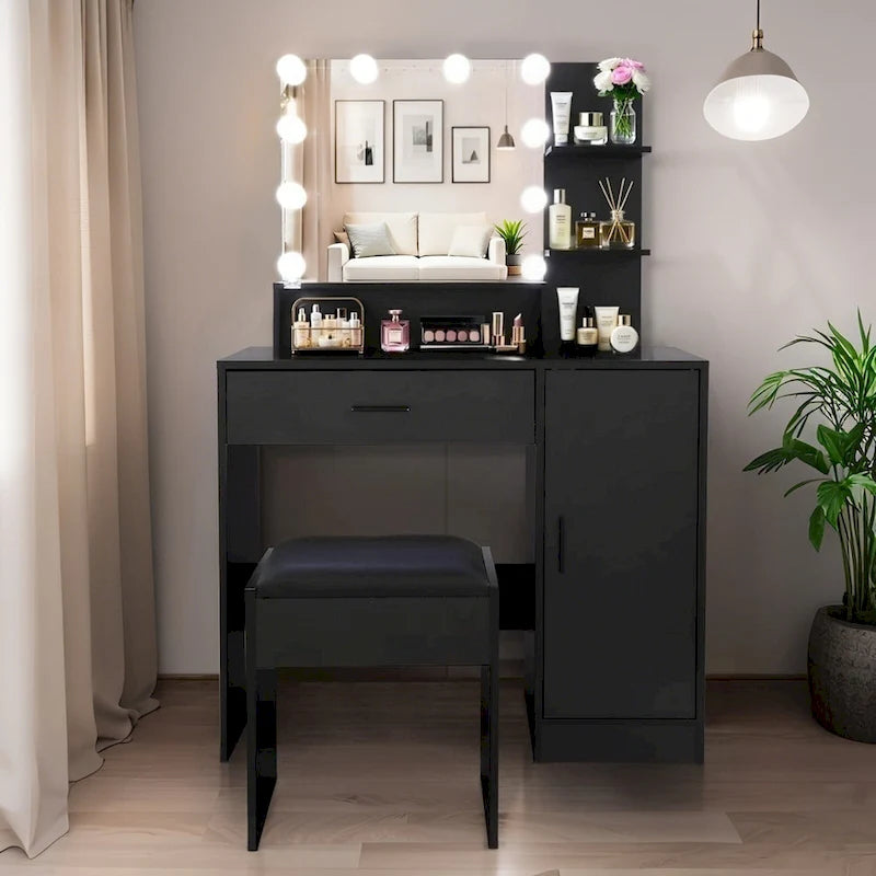 Vanity Desk with Mirror and Lights,with Drawer & Storage Cabinet,3 Lighting Modes Adjustable Brightness,with Open Shelves