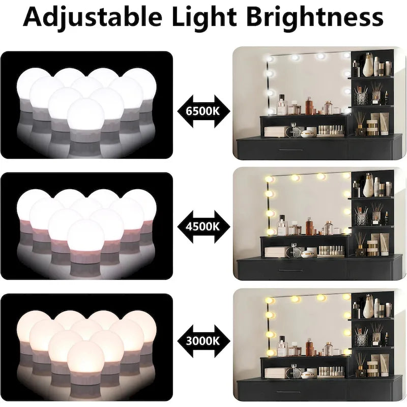 Vanity Desk with Mirror and Lights,with Drawer & Storage Cabinet,3 Lighting Modes Adjustable Brightness,with Open Shelves