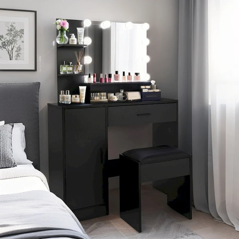 Vanity Desk with Mirror and Lights,with Drawer & Storage Cabinet,3 Lighting Modes Adjustable Brightness,with Open Shelves