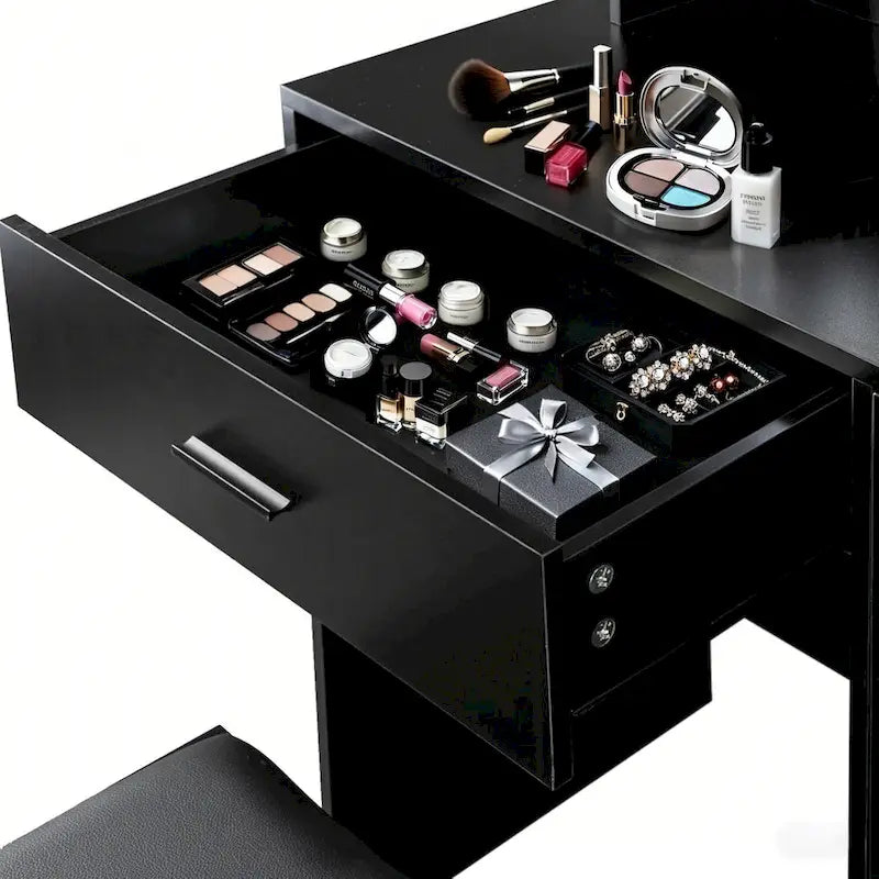 Vanity Desk with Mirror and Lights,with Drawer & Storage Cabinet,3 Lighting Modes Adjustable Brightness,with Open Shelves