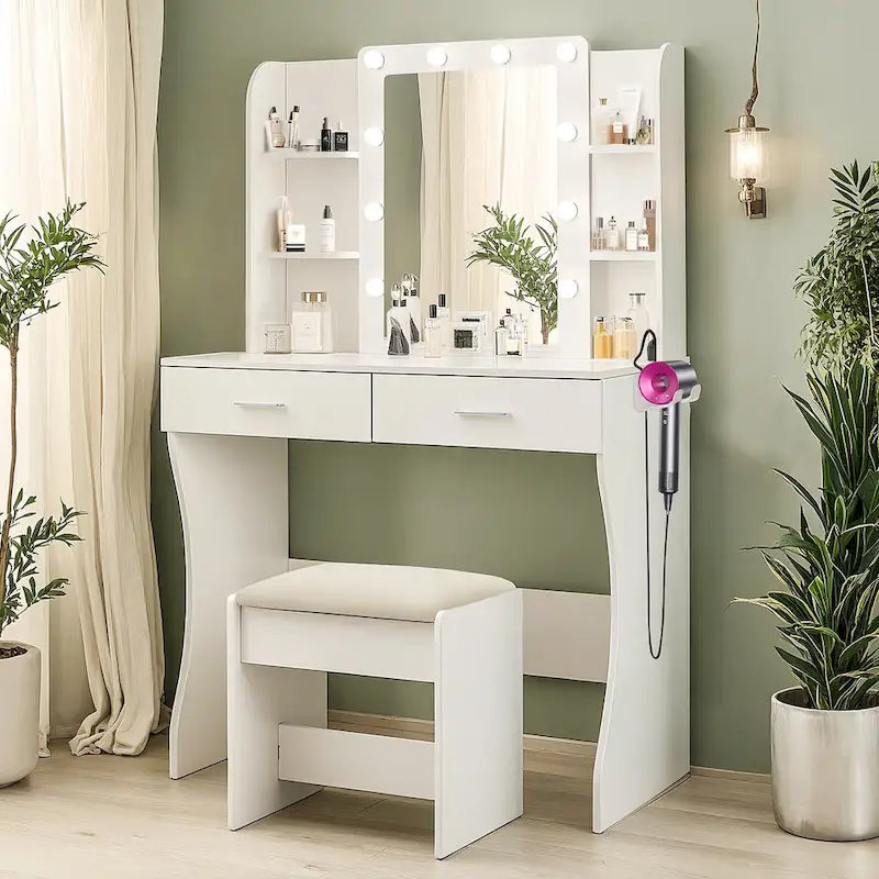 Vanity Desk with Mirror and Lights,with Drawer & Storage Cabinet,3 Lighting Modes Adjustable Brightness,with Open Shelves
