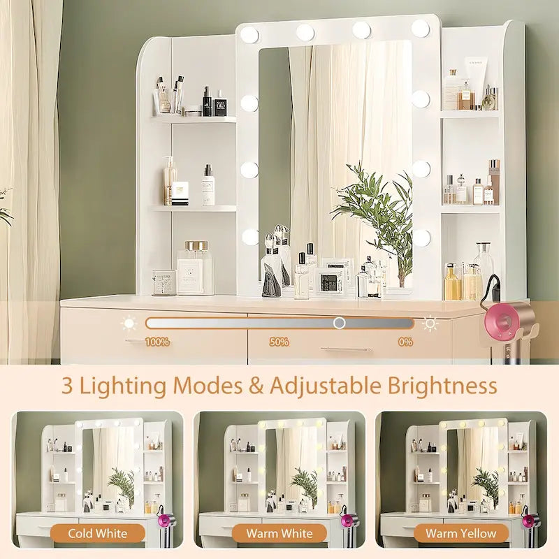 Vanity Desk with Mirror and Lights,with Drawer & Storage Cabinet,3 Lighting Modes Adjustable Brightness,with Open Shelves