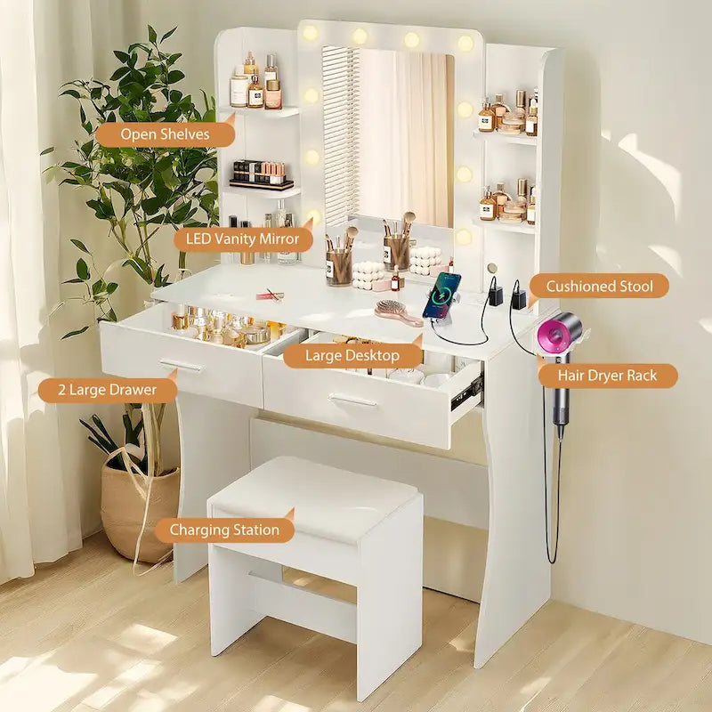 Vanity Desk with Mirror and Lights,with Drawer & Storage Cabinet,3 Lighting Modes Adjustable Brightness,with Open Shelves