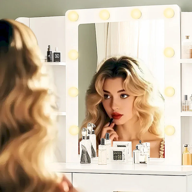 Vanity Desk with Mirror and Lights,with Drawer & Storage Cabinet,3 Lighting Modes Adjustable Brightness,with Open Shelves