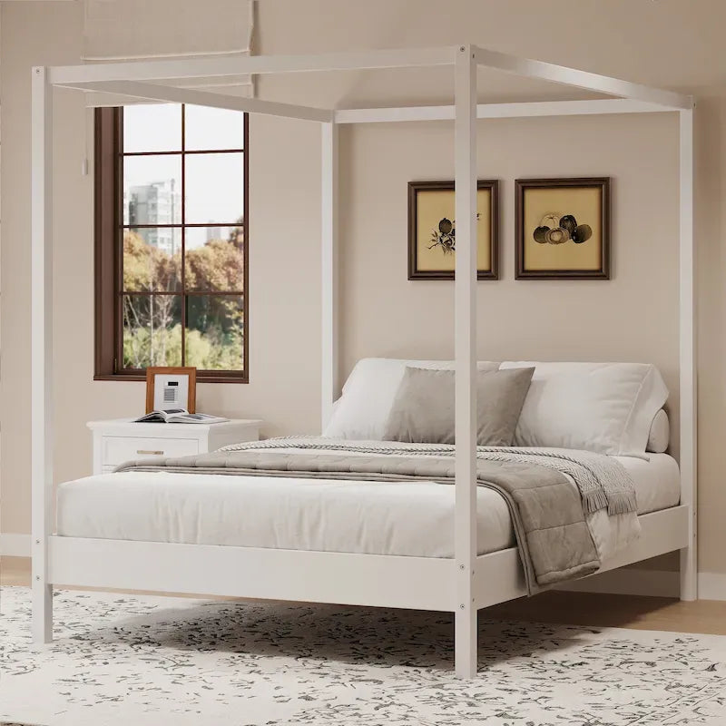 Canopy Bed Frame Wooden Four Poster Platform Bed with Wood Slats Support, No Box Spring Needed, No Headboard, Low Profile Bed