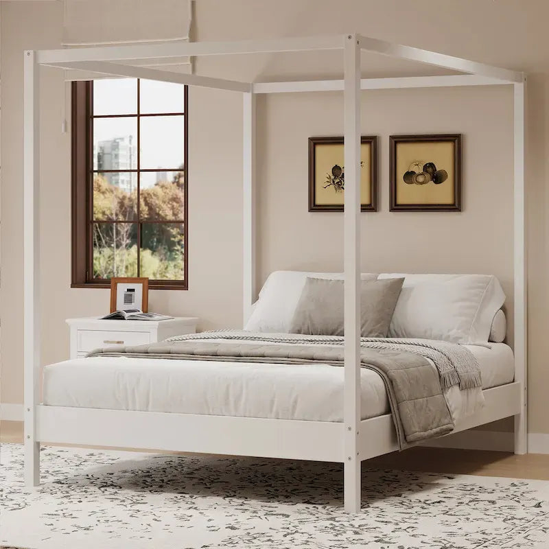 Canopy Bed Frame Wooden Four Poster Platform Bed with Wood Slats Support, No Box Spring Needed, No Headboard, Low Profile Bed
