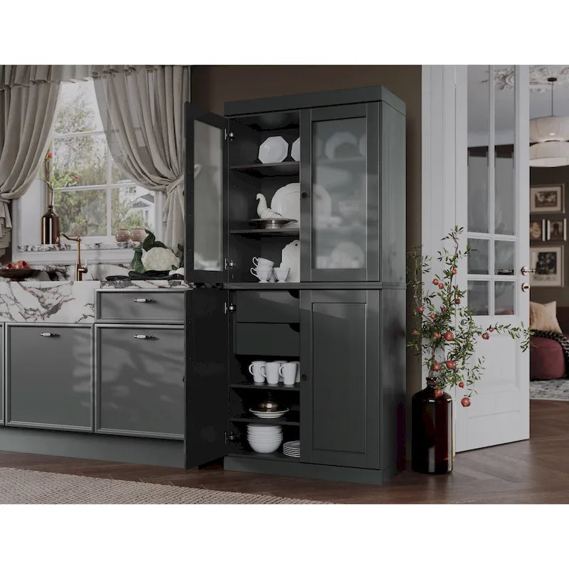 Palace Imports 100% Solid Wood Pantry Cabinet with Frosted Glass Doors, Solid Doors, 2-Drawers and Adjustable Shelves