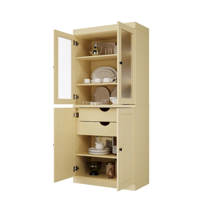 Palace Imports 100% Solid Wood Pantry Cabinet with Frosted Glass Doors, Solid Doors, 2-Drawers and Adjustable Shelves