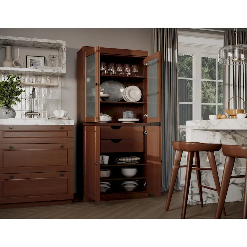 Palace Imports 100% Solid Wood Pantry Cabinet with Frosted Glass Doors, Solid Doors, 2-Drawers and Adjustable Shelves
