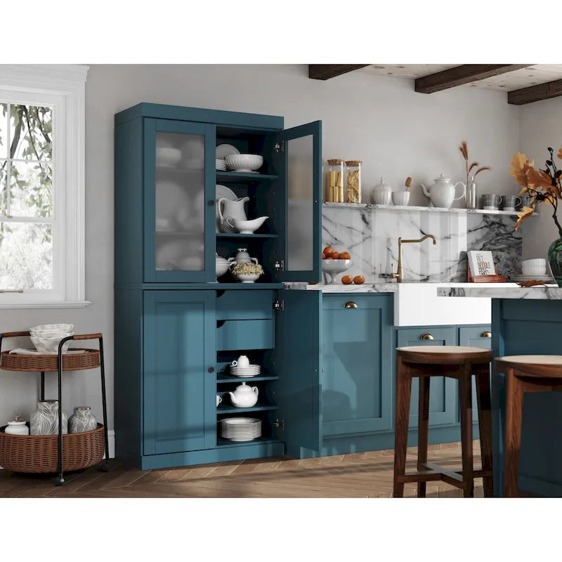 Palace Imports 100% Solid Wood Pantry Cabinet with Frosted Glass Doors, Solid Doors, 2-Drawers and Adjustable Shelves