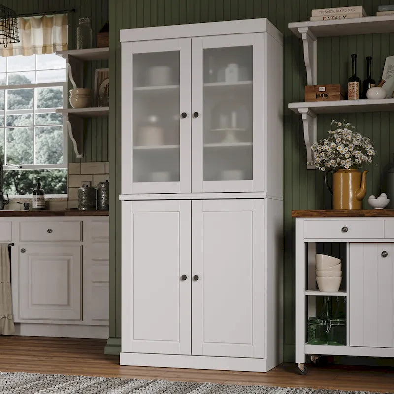 Palace Imports 100% Solid Wood Pantry Cabinet with Frosted Glass Doors, Solid Doors, 2-Drawers and Adjustable Shelves