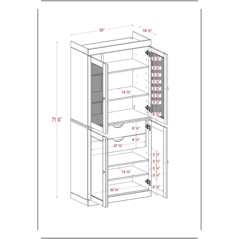 Palace Imports 100% Solid Wood Pantry Cabinet with Frosted Glass Doors, Solid Doors, 2-Drawers and Adjustable Shelves