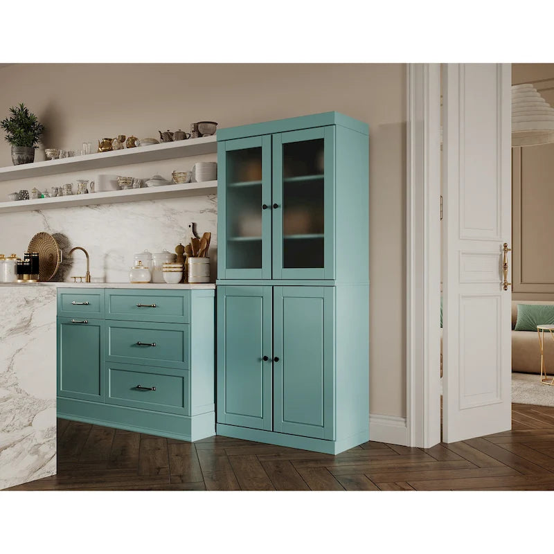 Palace Imports 100% Solid Wood Pantry Cabinet with Frosted Glass Doors, Solid Doors, 2-Drawers and Adjustable Shelves