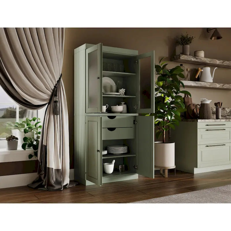 Palace Imports 100% Solid Wood Pantry Cabinet with Frosted Glass Doors, Solid Doors, 2-Drawers and Adjustable Shelves