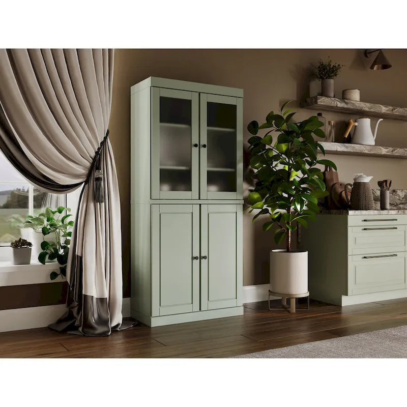 Palace Imports 100% Solid Wood Pantry Cabinet with Frosted Glass Doors, Solid Doors, 2-Drawers and Adjustable Shelves