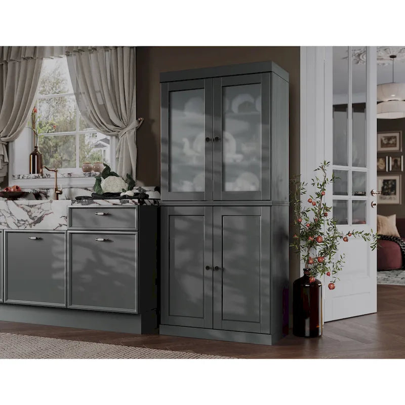 Palace Imports 100% Solid Wood Pantry Cabinet with Frosted Glass Doors, Solid Doors, 2-Drawers and Adjustable Shelves