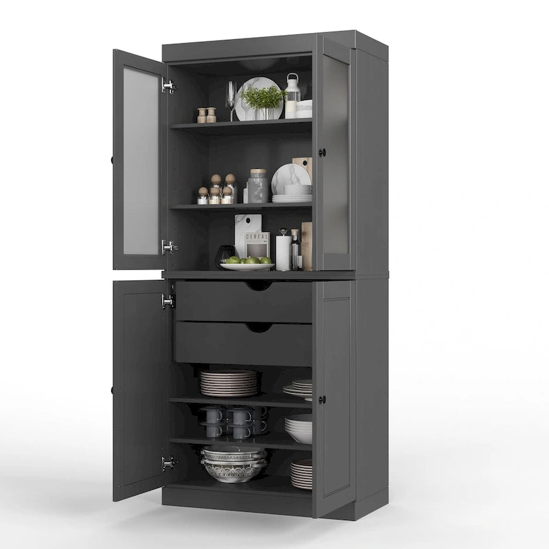 Palace Imports 100% Solid Wood Pantry Cabinet with Frosted Glass Doors, Solid Doors, 2-Drawers and Adjustable Shelves