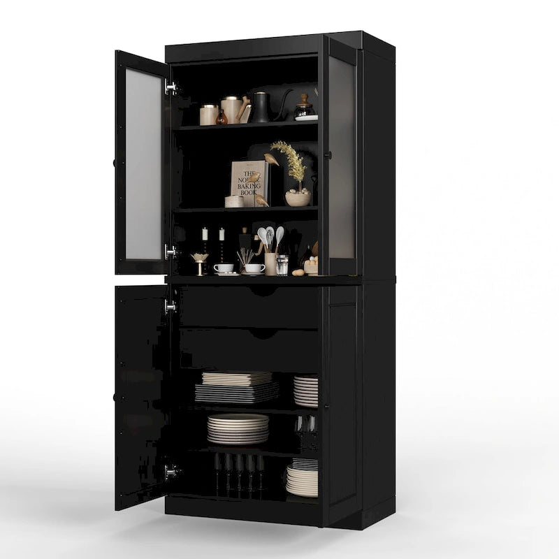 Palace Imports 100% Solid Wood Pantry Cabinet with Frosted Glass Doors, Solid Doors, 2-Drawers and Adjustable Shelves