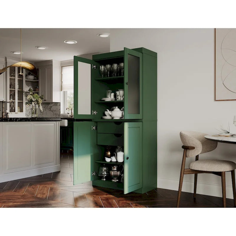 Palace Imports 100% Solid Wood Pantry Cabinet with Frosted Glass Doors, Solid Doors, 2-Drawers and Adjustable Shelves